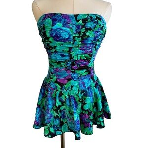 Vintage Maxine of Hollywood One Piece Bathing Suit M Floral Skirted Swimsuit USA